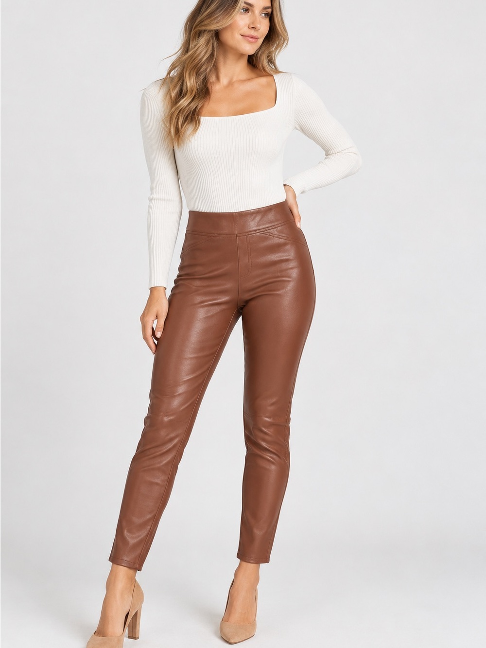 J.Jill Pants Women's Fleece Faux Leather Pull On Skinny Ankle High Rise Cognac M